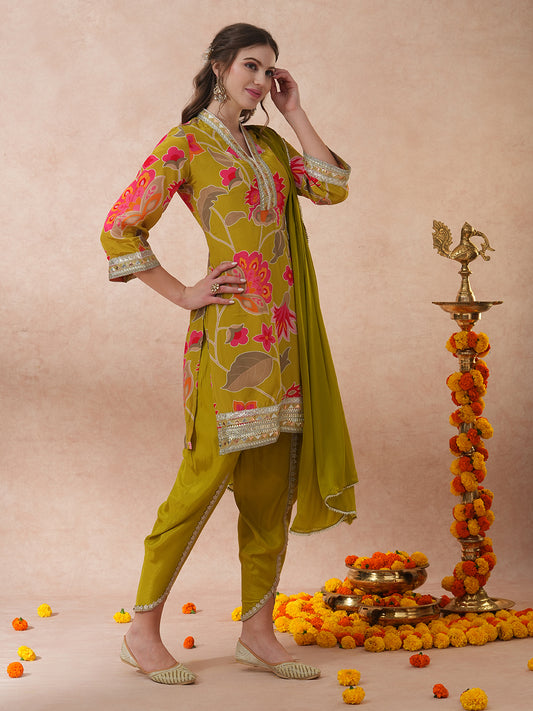 Abstract Floral Printed & Embroidered Straight Fit Kurta with Dhoti Pant and Dupatta - Lime Green