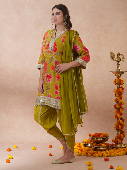 Abstract Floral Printed & Embroidered Straight Fit Kurta with Dhoti Pant and Dupatta - Lime Green