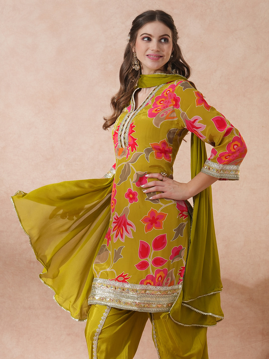 Abstract Floral Printed & Embroidered Straight Fit Kurta with Dhoti Pant and Dupatta - Lime Green