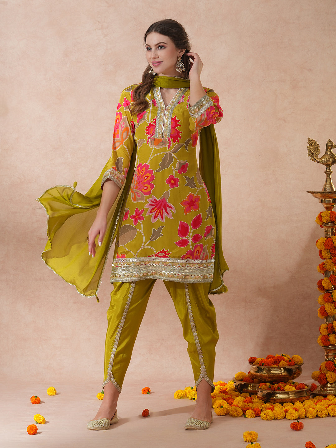 Abstract Floral Printed & Embroidered Straight Fit Kurta with Dhoti Pant and Dupatta - Lime Green