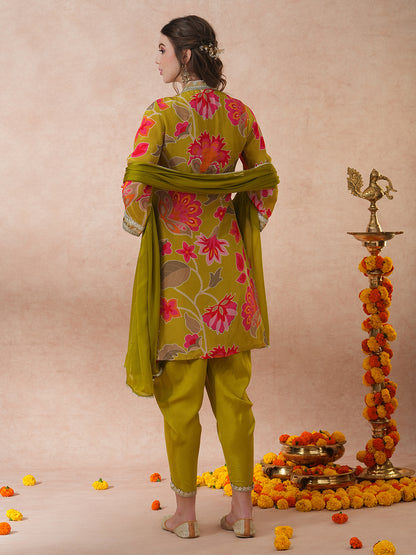 Abstract Floral Printed & Embroidered Straight Fit Kurta with Dhoti Pant and Dupatta - Lime Green