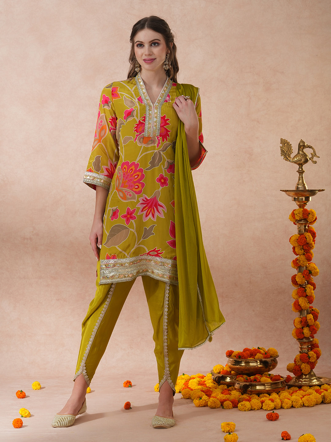 Abstract Floral Printed & Embroidered Straight Fit Kurta with Dhoti Pant and Dupatta - Lime Green