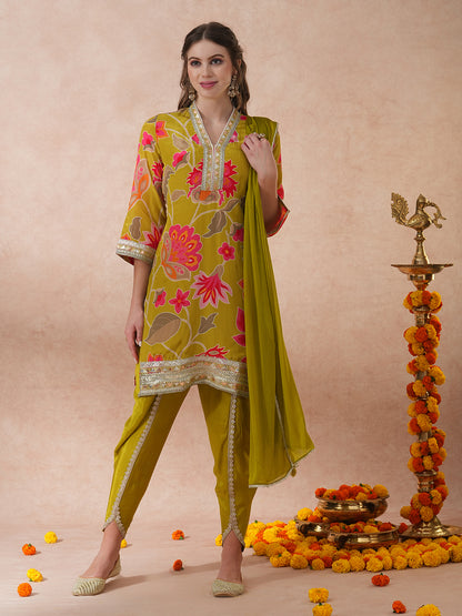 Abstract Floral Printed & Embroidered Straight Fit Kurta with Dhoti Pant and Dupatta - Lime Green