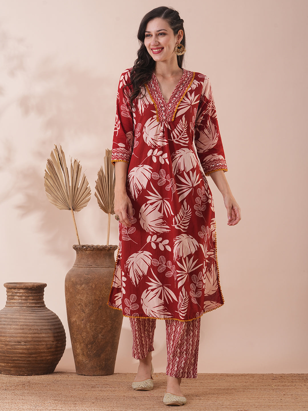 Abstract Floral Printed A-Line Pleated Kurta with Pant - Red