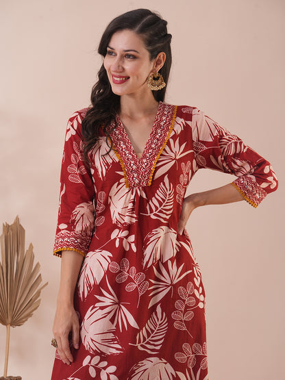 Abstract Floral Printed A-Line Pleated Kurta with Pant - Red