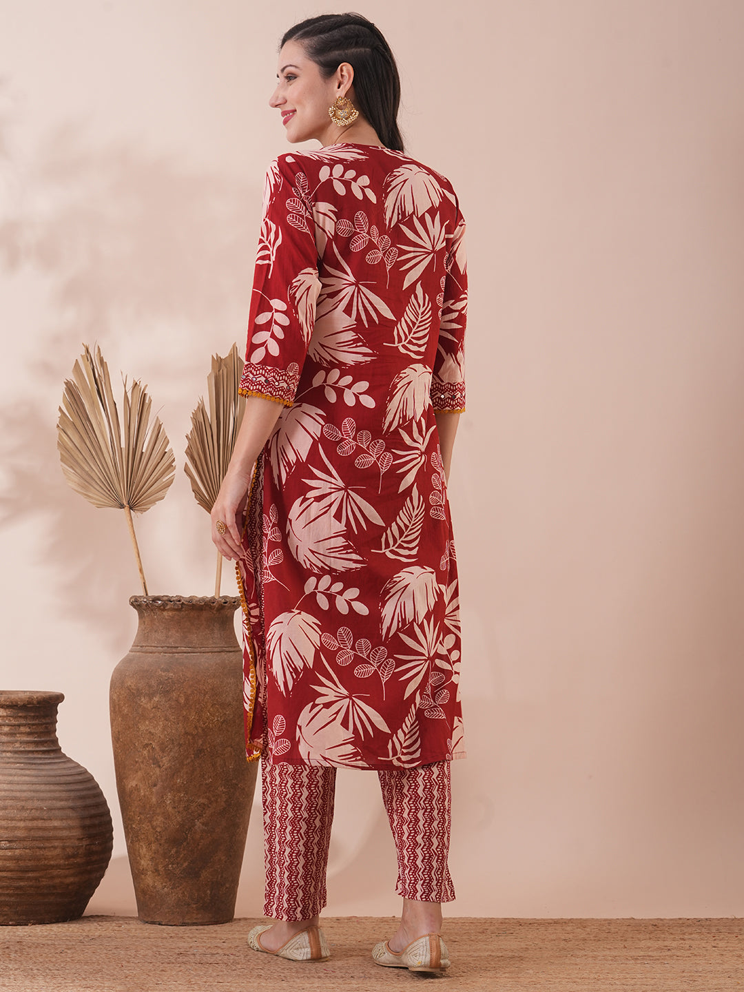 Abstract Floral Printed A-Line Pleated Kurta with Pant - Red