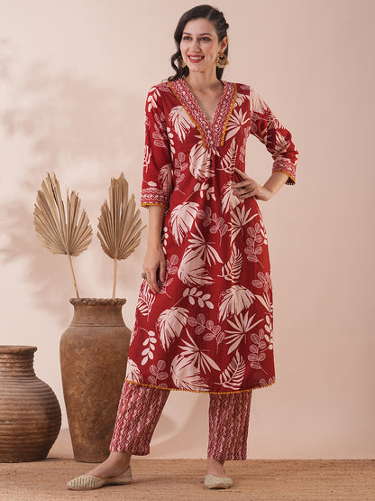 Abstract Floral Printed A-Line Pleated Kurta with Pant - Red