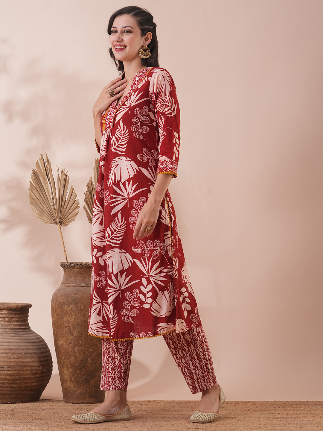 Abstract Floral Printed A-Line Pleated Kurta with Pant - Red