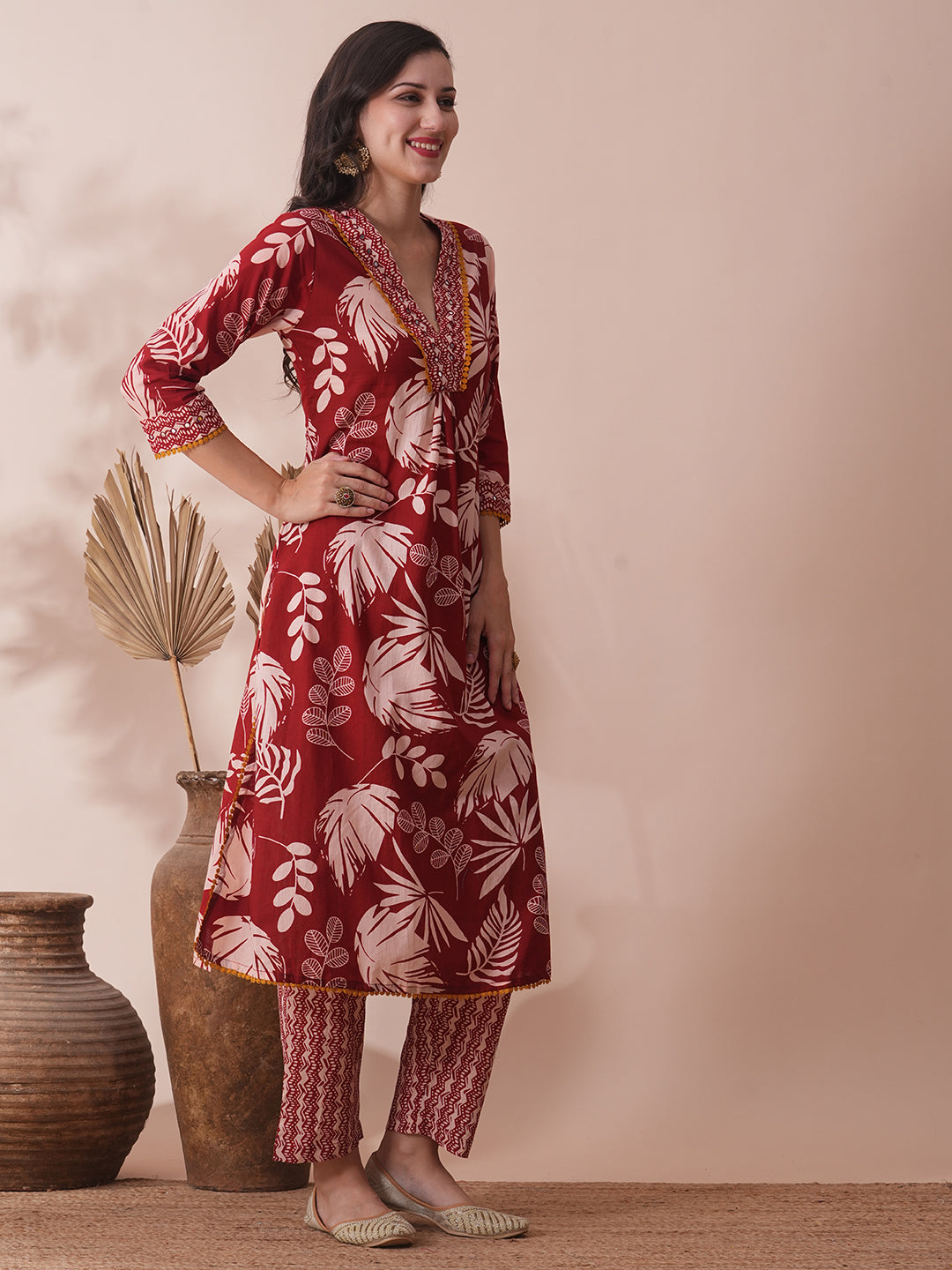 Abstract Floral Printed A-Line Pleated Kurta with Pant - Red