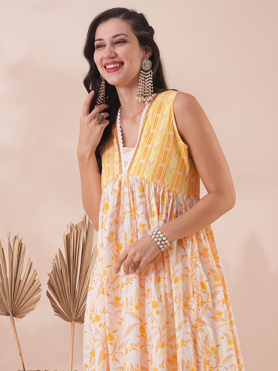 Ethnic Floral & Stripes Printed A-Line Co-ord Set - Yellow