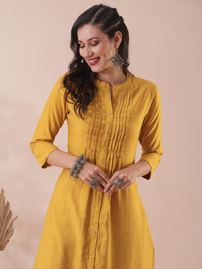 Solid Pin Tucked & Mirror Embroidered A-Line Co-ord Set - Mustard