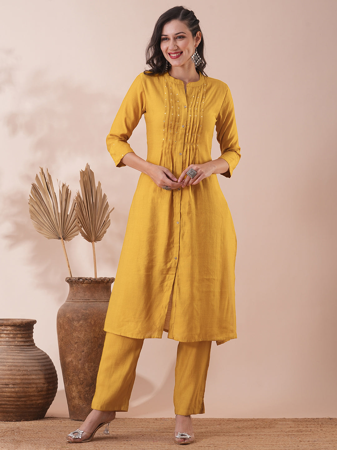 Solid Pin Tucked & Mirror Embroidered A-Line Co-ord Set - Mustard