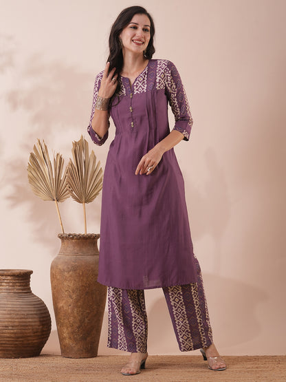 Solid Ethnic Printed Straight Fit Co-ord Set - Purple