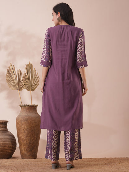 Solid Ethnic Printed Straight Fit Co-ord Set - Purple