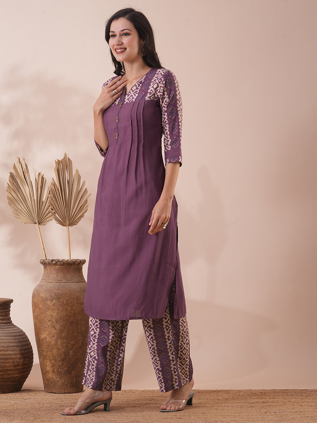 Solid Ethnic Printed Straight Fit Co-ord Set - Purple