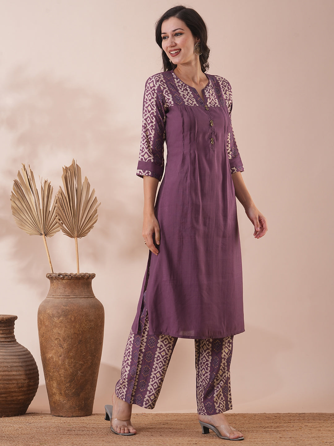 Solid Ethnic Printed Straight Fit Co-ord Set - Purple