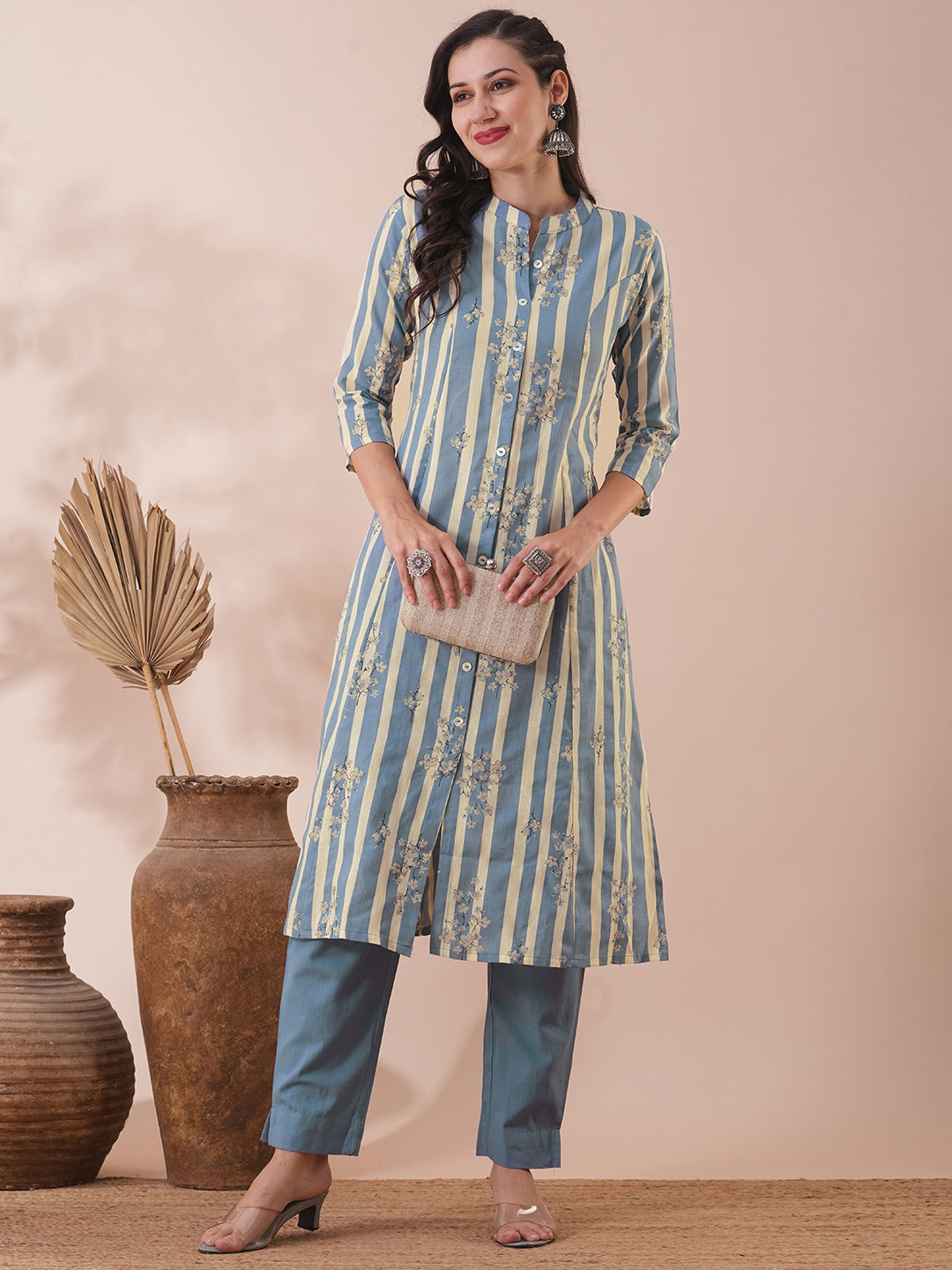 Floral & Stripes Printed A-Line Kurta with Pant - Blue