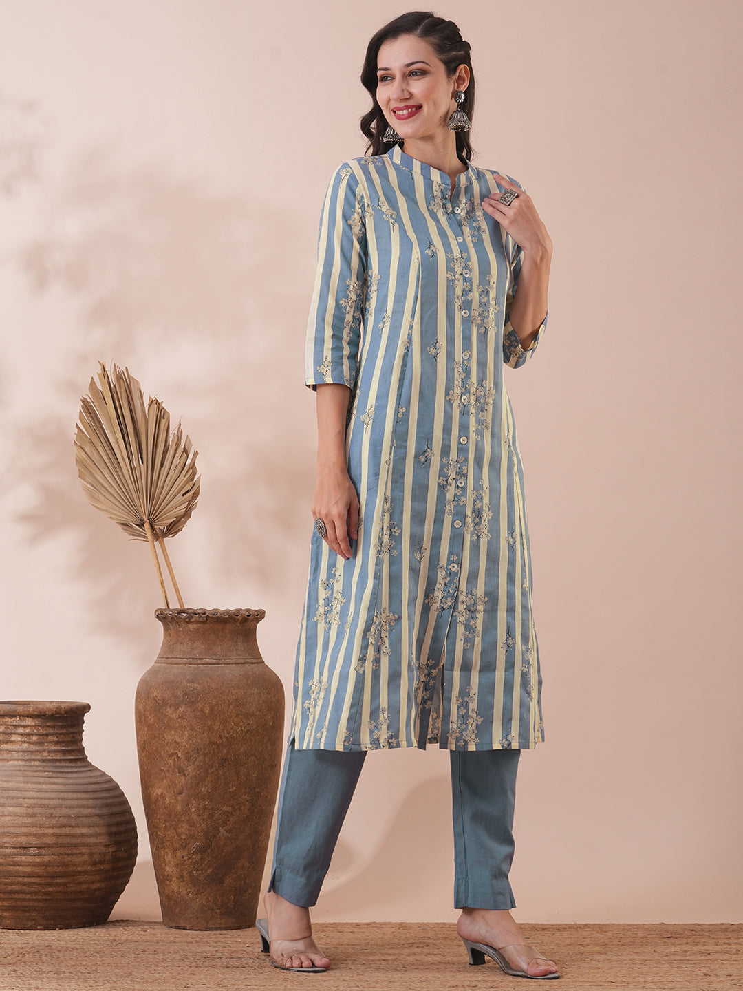 Floral & Stripes Printed A-Line Kurta with Pant - Blue