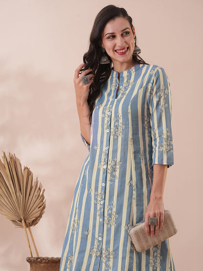 Floral & Stripes Printed A-Line Kurta with Pant - Blue