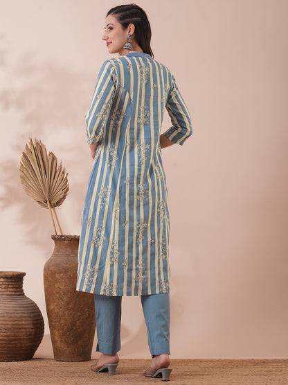 Floral & Stripes Printed A-Line Kurta with Pant - Blue