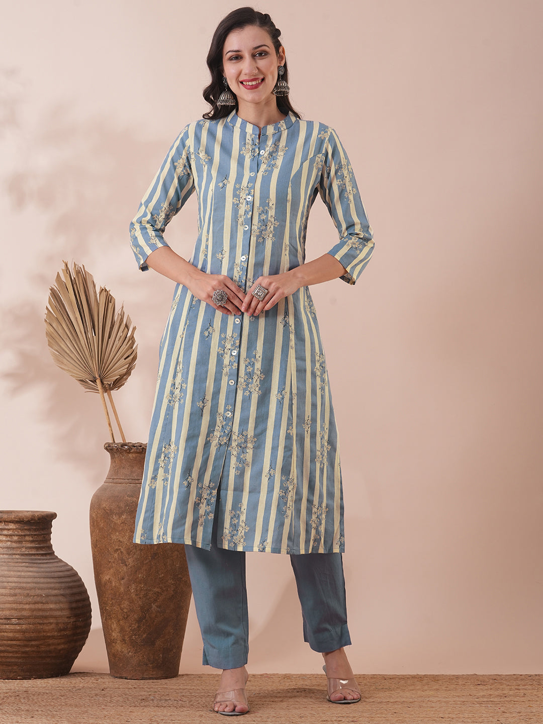 Floral & Stripes Printed A-Line Kurta with Pant - Blue