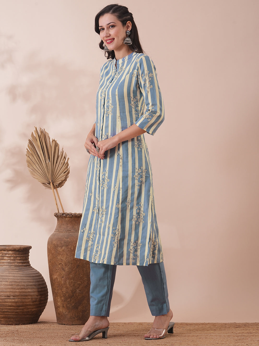 Floral & Stripes Printed A-Line Kurta with Pant - Blue