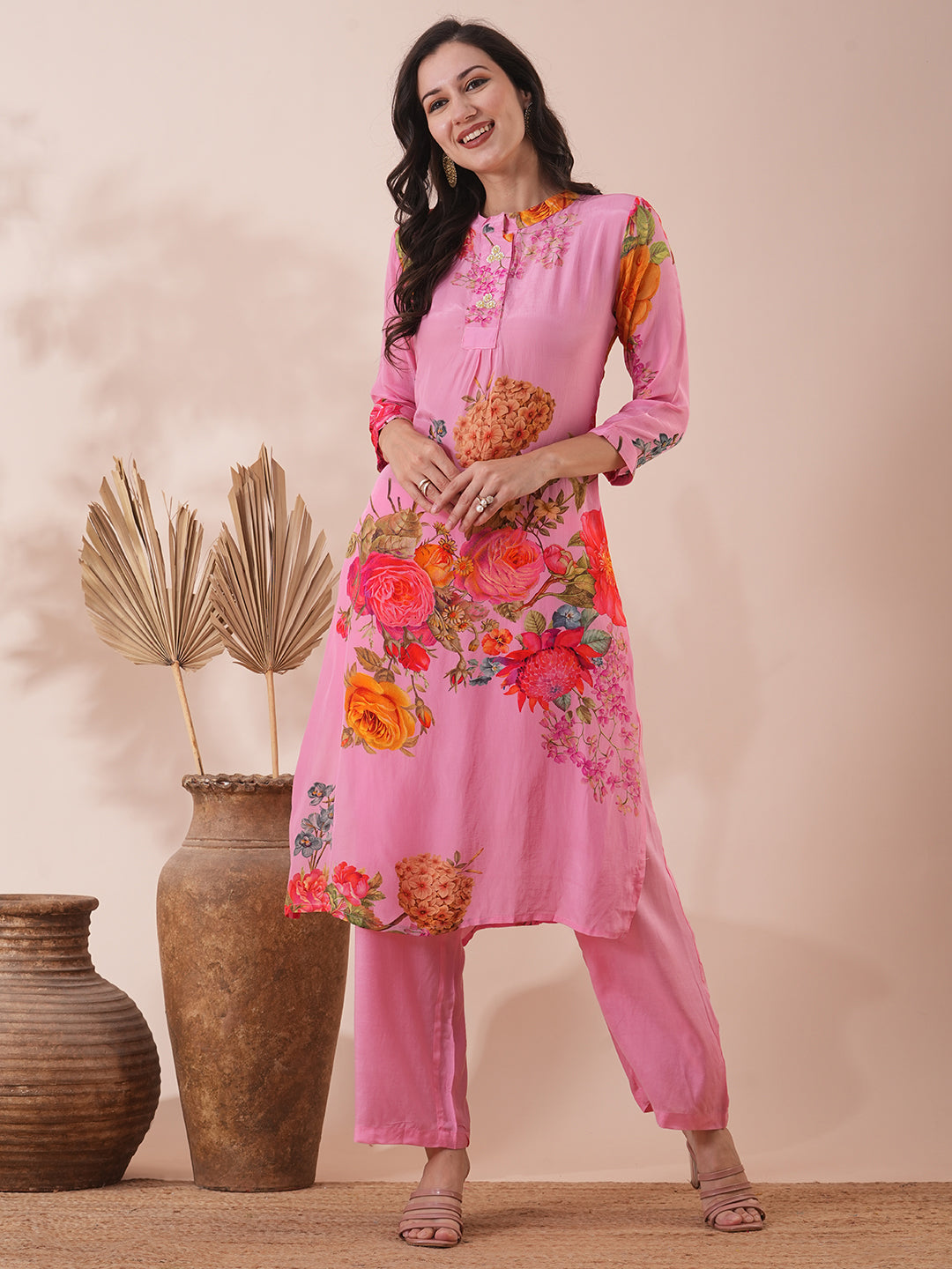 Abstract Floral Printed Straight Fit Kurta with Palazzo - Pink