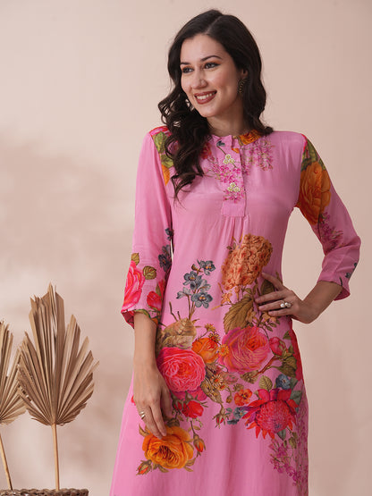 Abstract Floral Printed Straight Fit Kurta with Palazzo - Pink