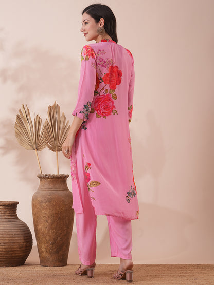 Abstract Floral Printed Straight Fit Kurta with Palazzo - Pink