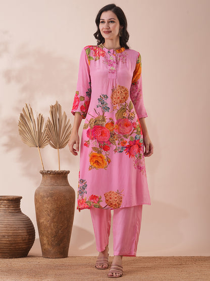 Abstract Floral Printed Straight Fit Kurta with Palazzo - Pink