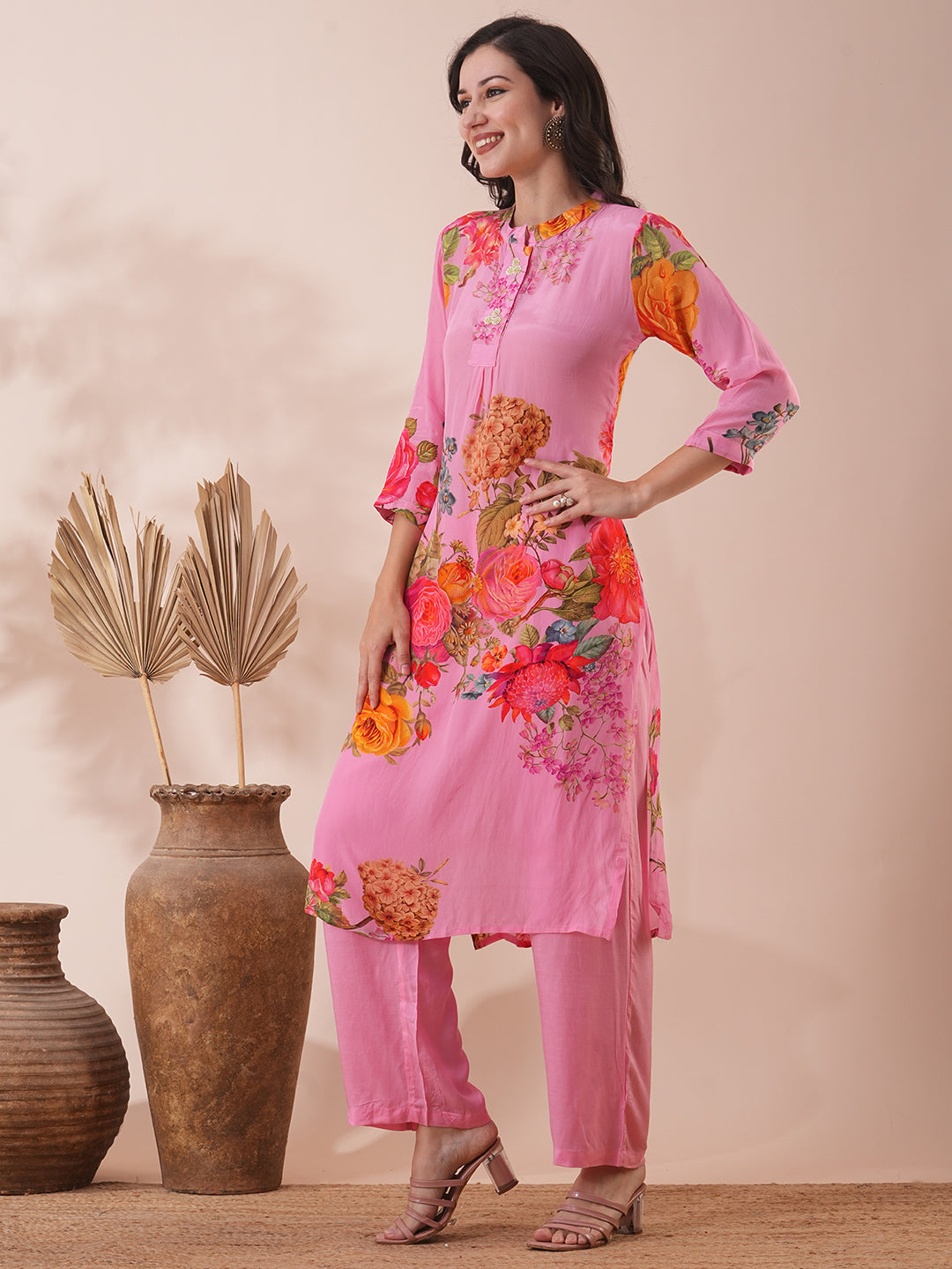 Abstract Floral Printed Straight Fit Kurta with Palazzo - Pink