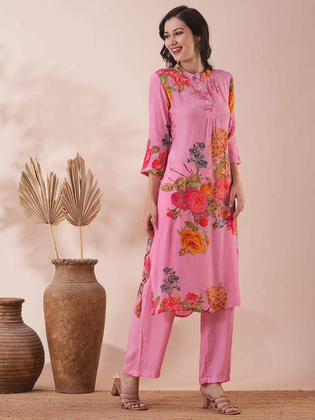 Abstract Floral Printed Straight Fit Kurta with Palazzo - Pink