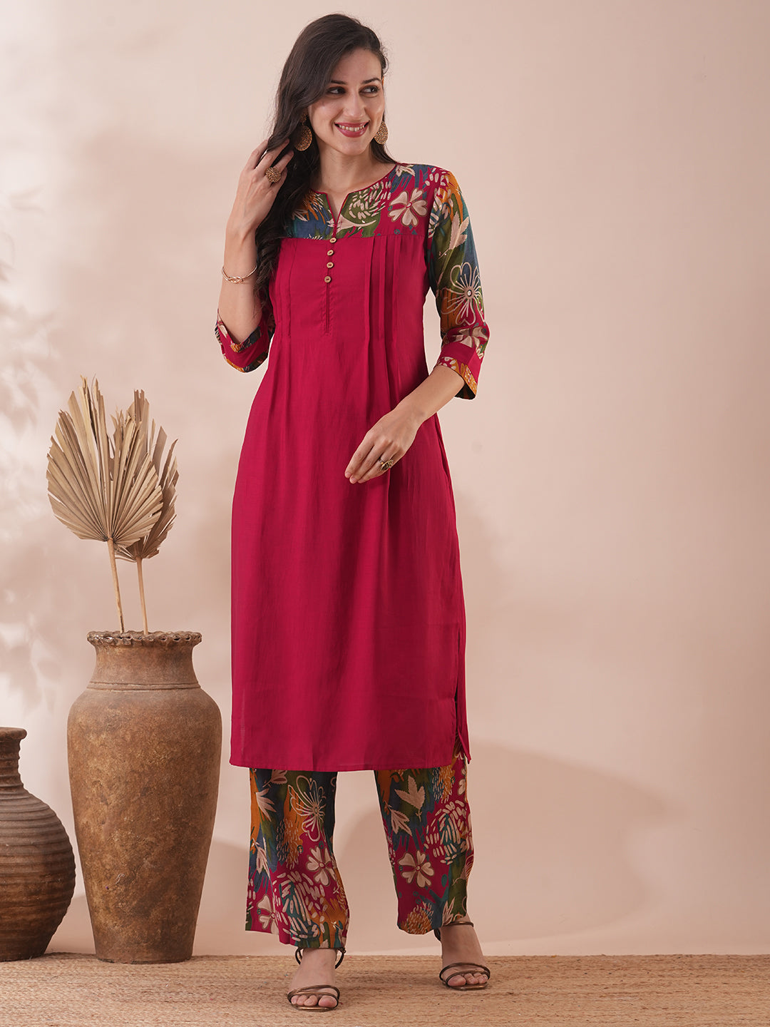 Solid Ethnic Floral Printed & Sequined Straight Fit Kurta with Palazzo - Maroon