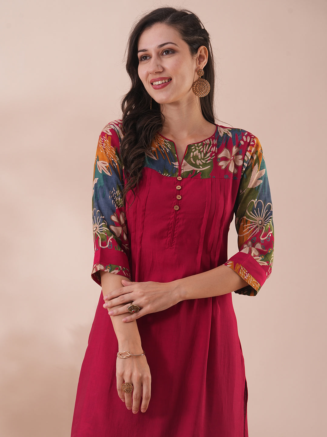 Solid Ethnic Floral Printed & Sequined Straight Fit Kurta with Palazzo - Maroon