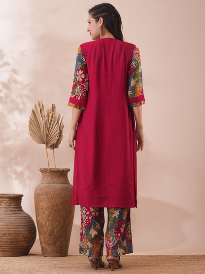 Solid Ethnic Floral Printed & Sequined Straight Fit Kurta with Palazzo - Maroon