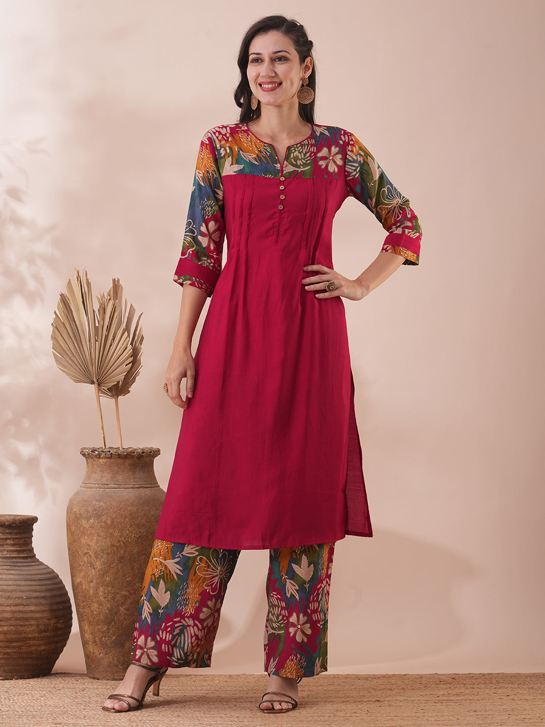 Solid Ethnic Floral Printed & Sequined Straight Fit Kurta with Palazzo - Maroon