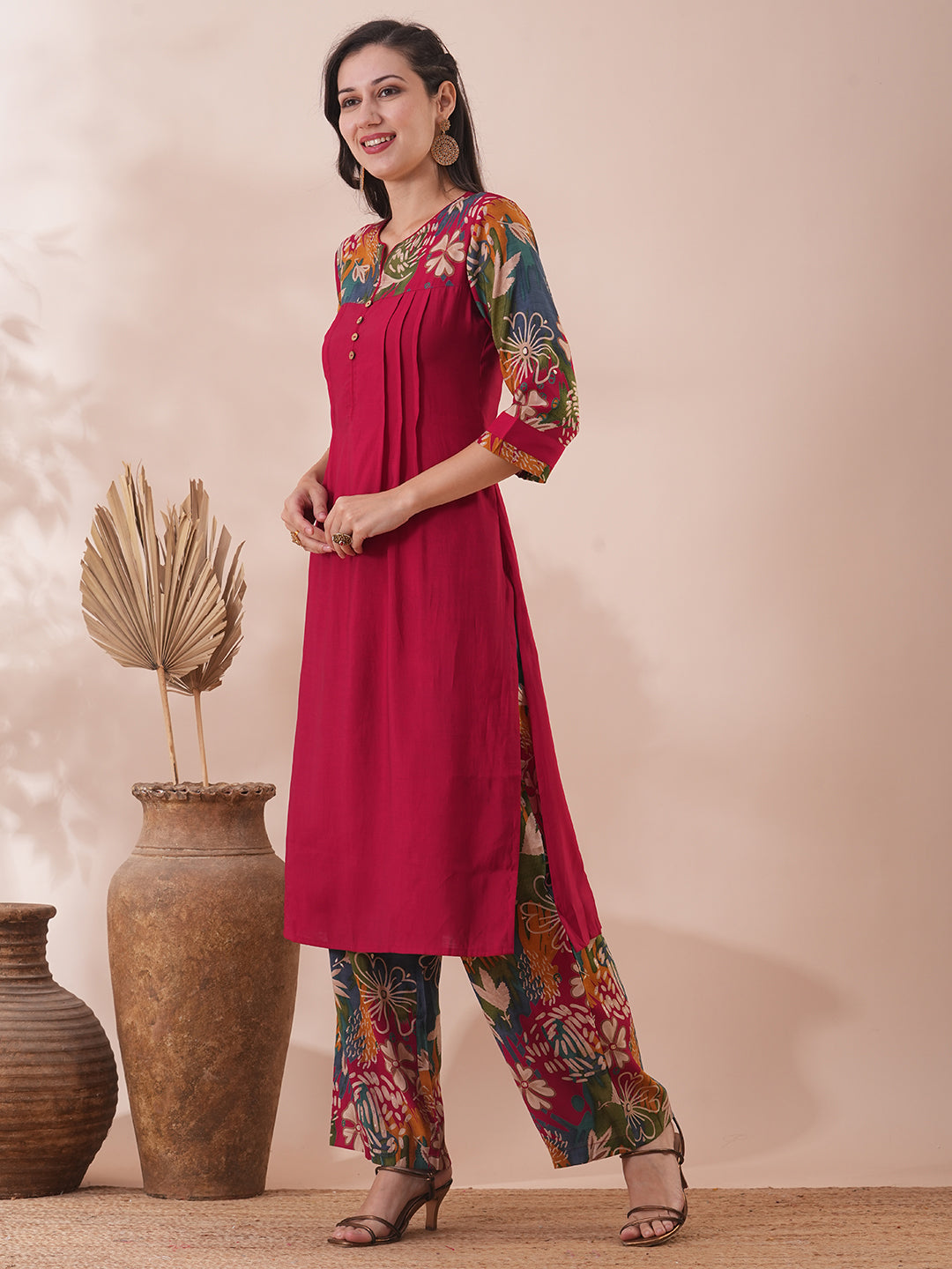 Solid Ethnic Floral Printed & Sequined Straight Fit Kurta with Palazzo - Maroon