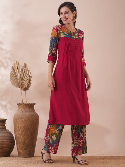 Solid Ethnic Floral Printed & Sequined Straight Fit Kurta with Palazzo - Maroon