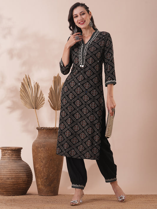 Ethnic Bandhani Printed & Embroidered Straight Fit Kurta with Balloon Pant - Black