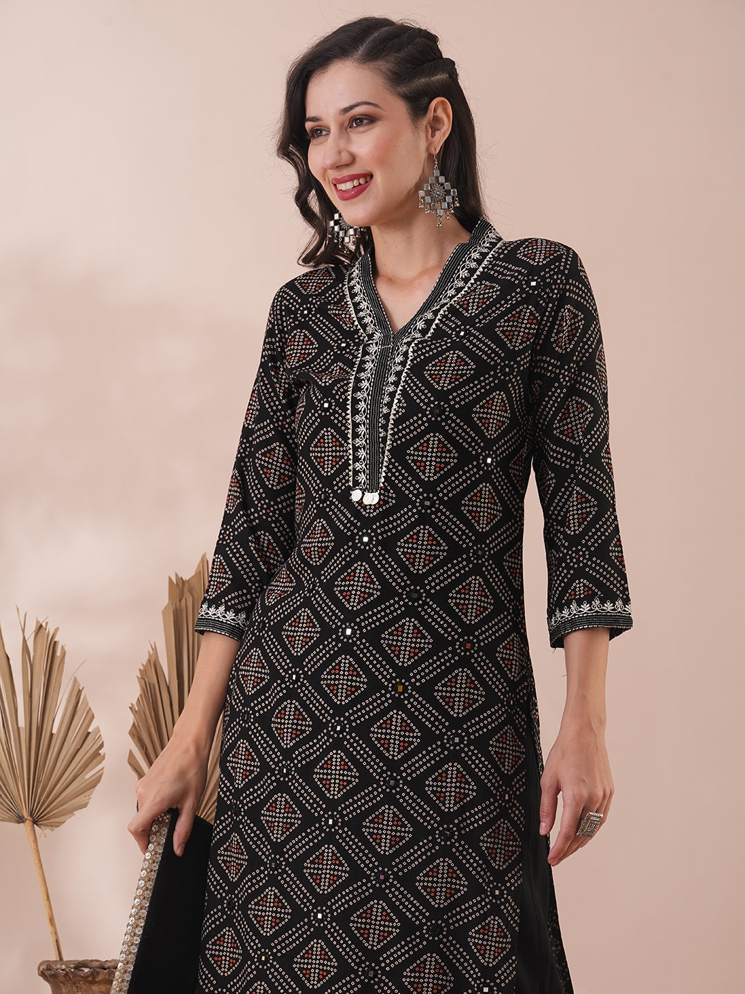 Ethnic Bandhani Printed & Embroidered Straight Fit Kurta with Balloon Pant - Black