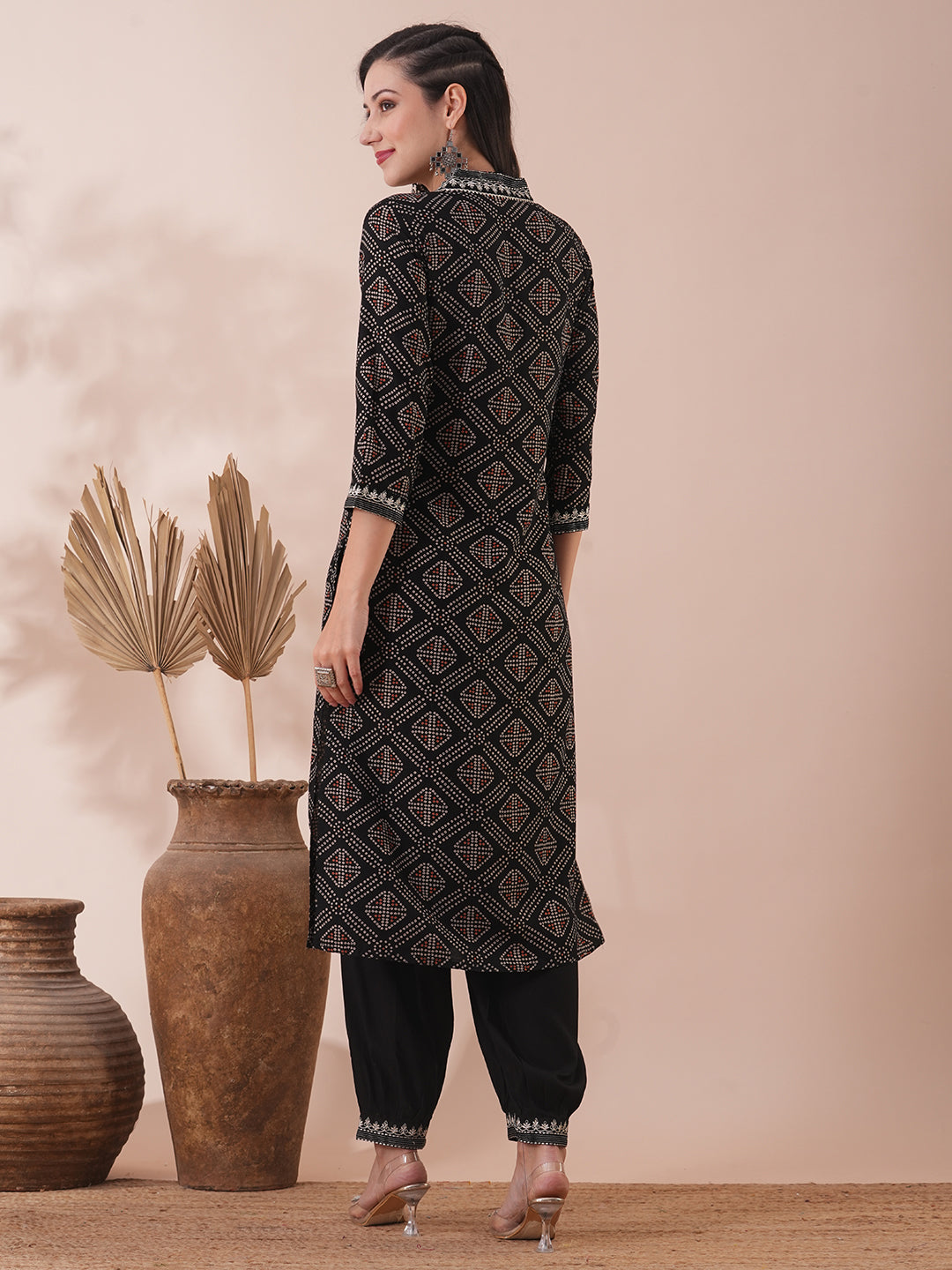 Ethnic Bandhani Printed & Embroidered Straight Fit Kurta with Balloon Pant - Black