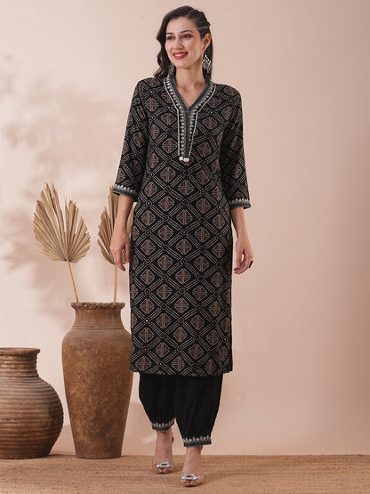 Ethnic Bandhani Printed & Embroidered Straight Fit Kurta with Balloon Pant - Black