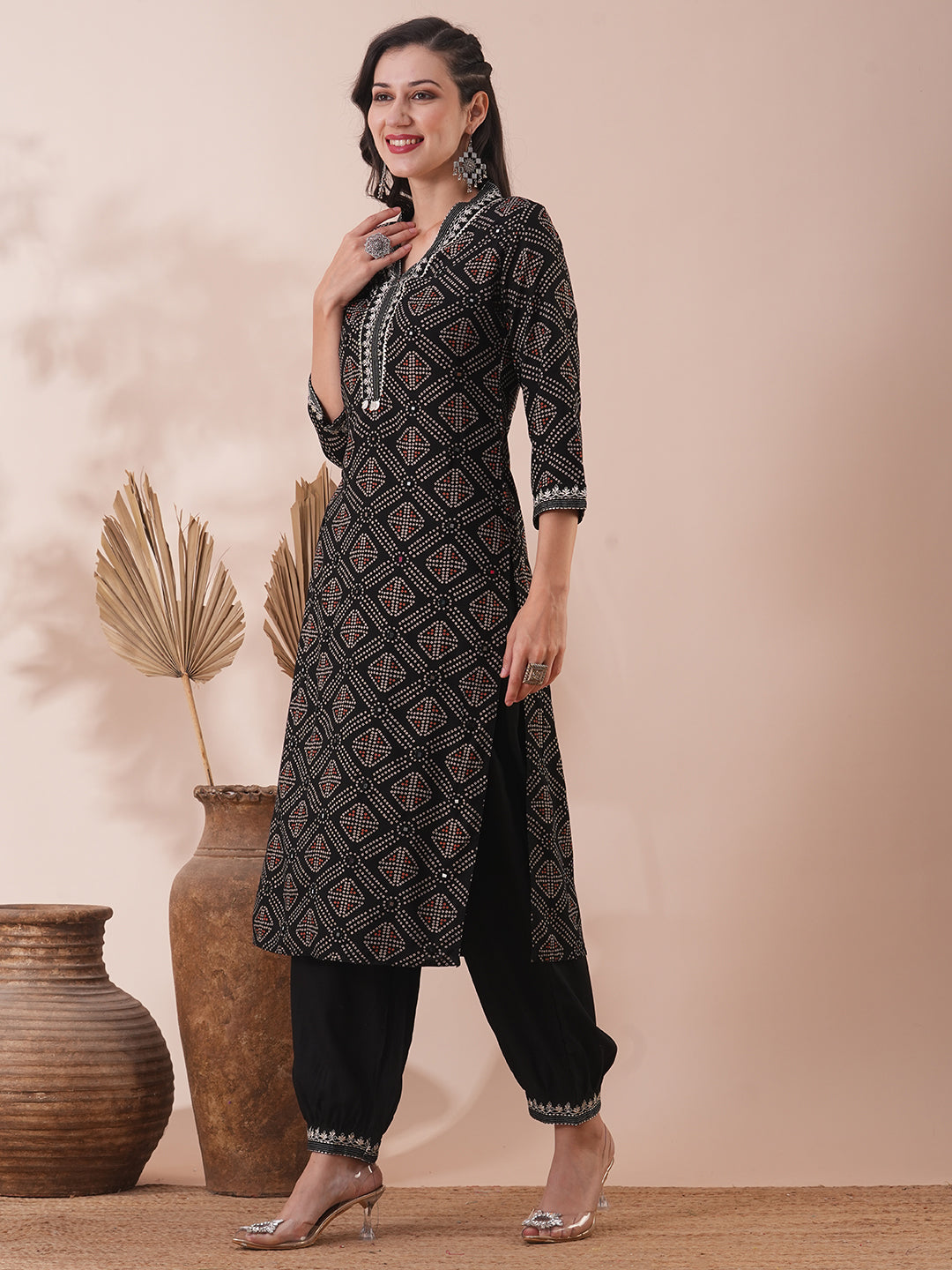 Ethnic Bandhani Printed & Embroidered Straight Fit Kurta with Balloon Pant - Black