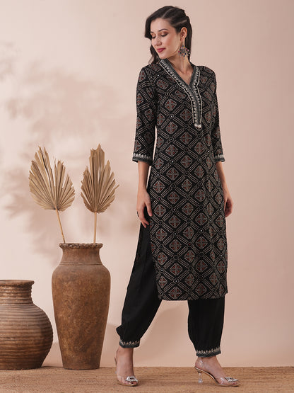 Ethnic Bandhani Printed & Embroidered Straight Fit Kurta with Balloon Pant - Black