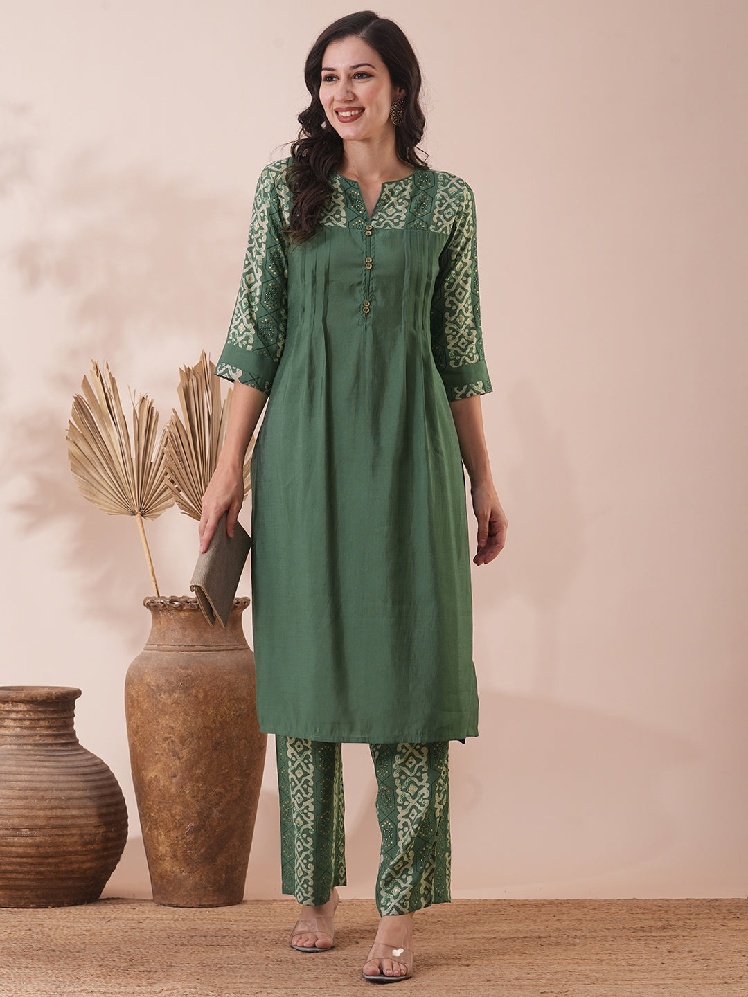 Solid Ethnic Printed Straight Fit Co-ord Set - Green