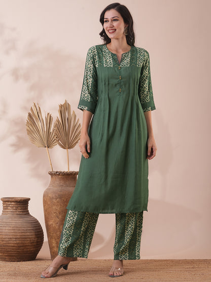 Solid Ethnic Printed Straight Fit Co-ord Set - Green