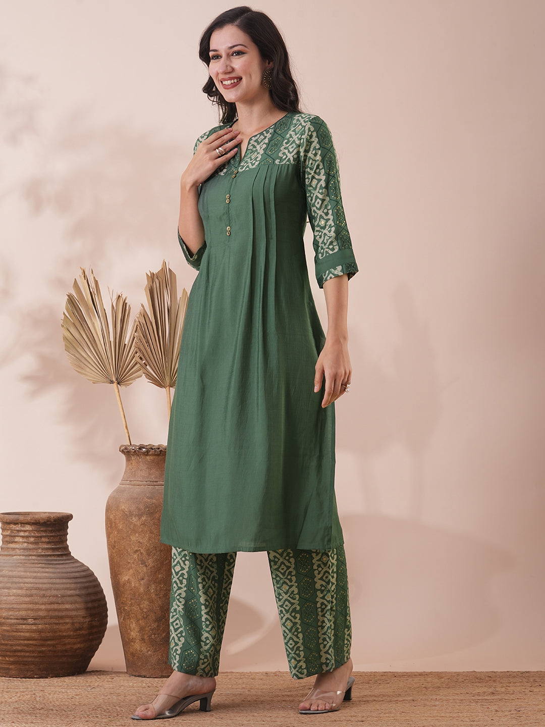 Solid Ethnic Printed Straight Fit Co-ord Set - Green