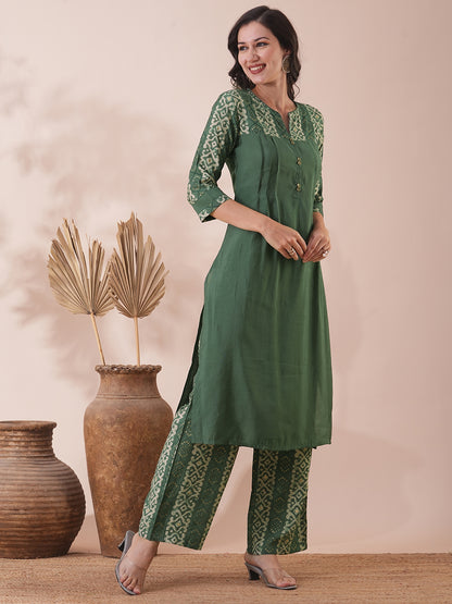 Solid Ethnic Printed Straight Fit Co-ord Set - Green