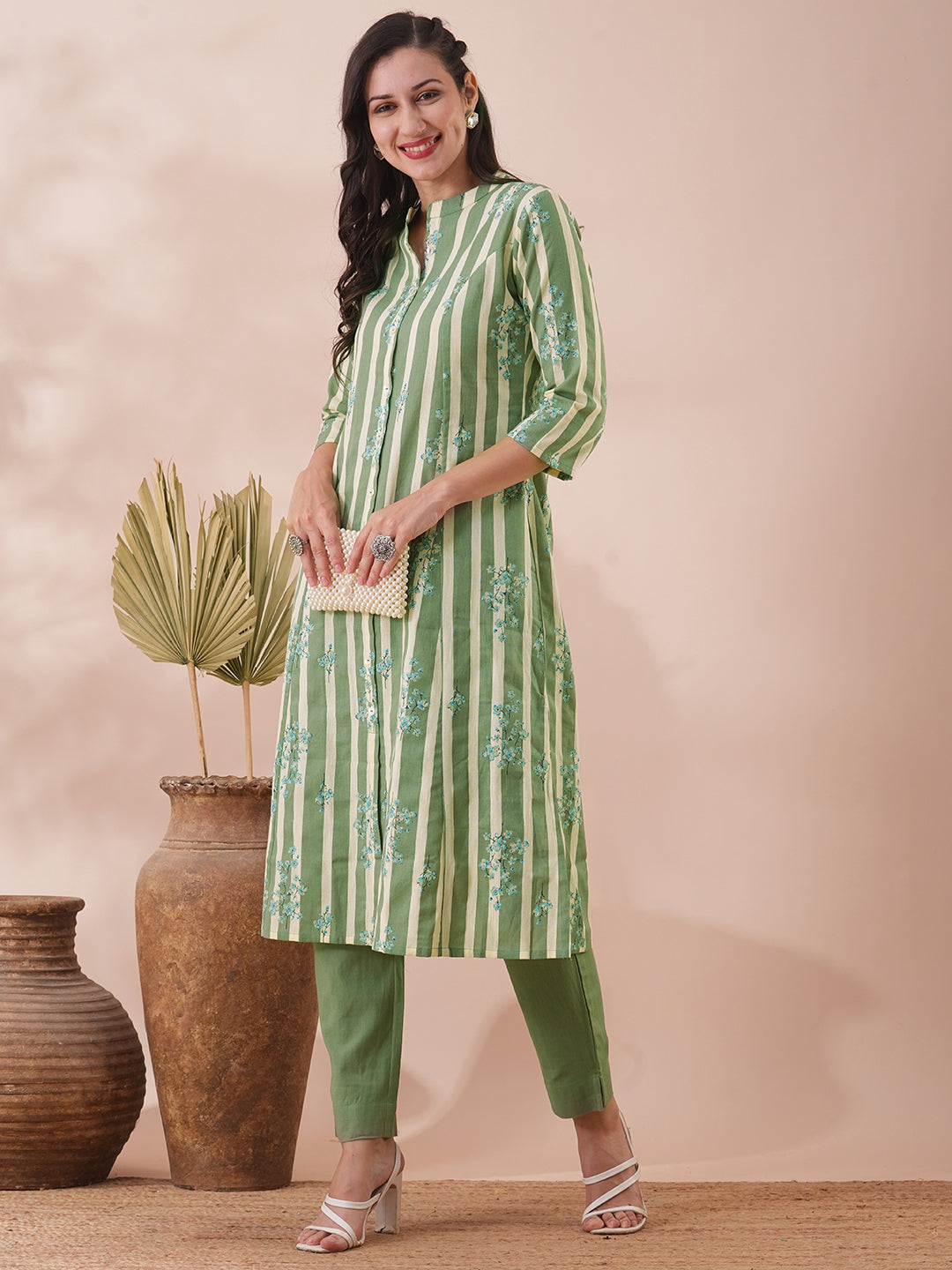 Floral & Stripes Printed A-Line Cotton Flax Kurta with Pant - Green