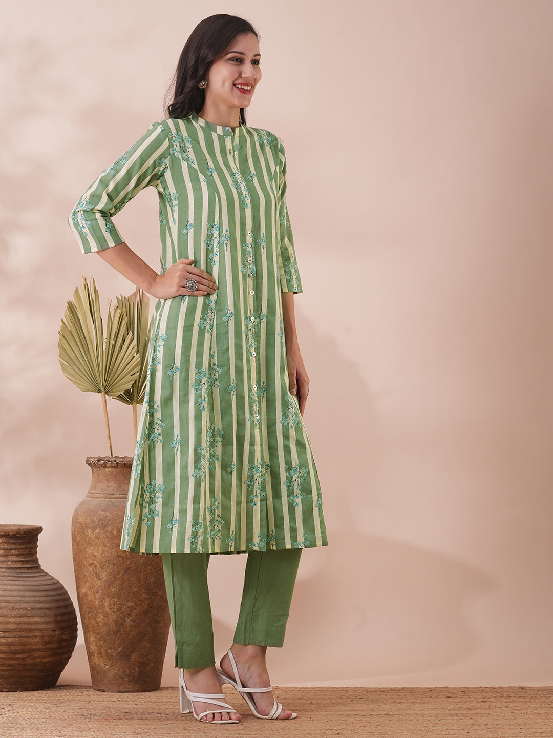 Floral & Stripes Printed A-Line Cotton Flax Kurta with Pant - Green